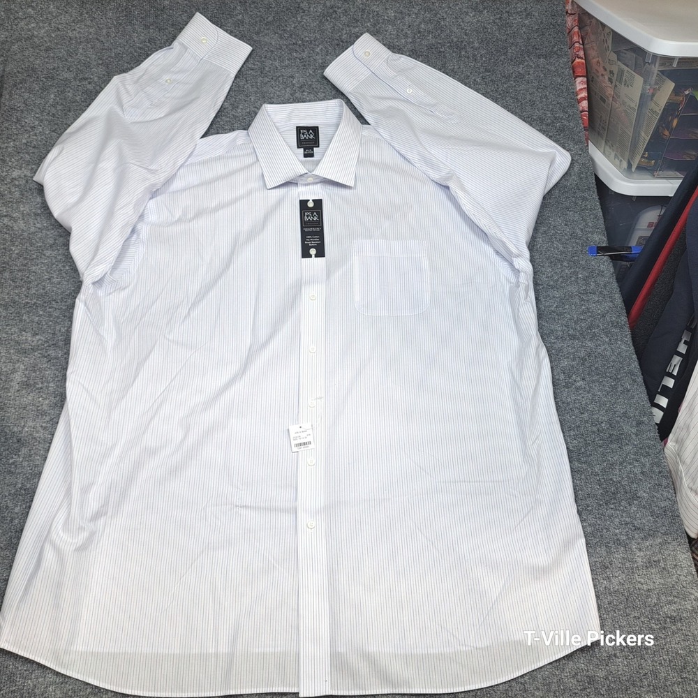 Jos. A. Bank Traveler Dress Shirt Mens 18.5 35 Blue White Striped Wrinkle Free